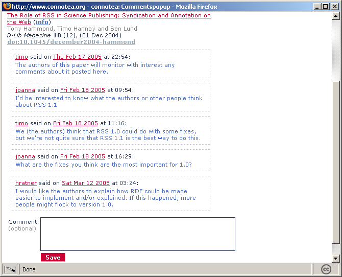 Screen shot showing Connotea user comments