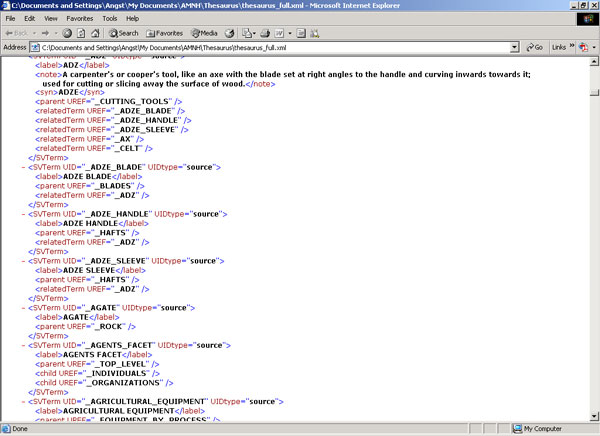 Screen shot of the XML export from the W32
