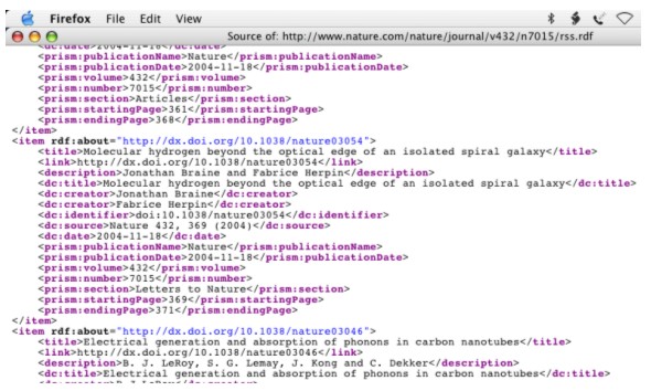 Screen shot showing how descriptive metadata is carried in an RSS feed for 'Nature'