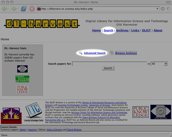 Screen shot from DL-Harvest Advanced Search