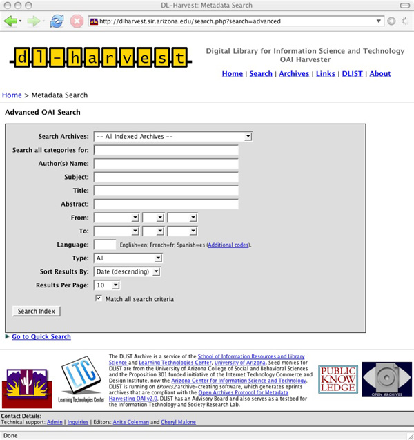 Screenshot of the Advanced Search screen displaying all fields