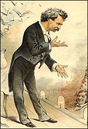 Illustration of Mark Twain on stage