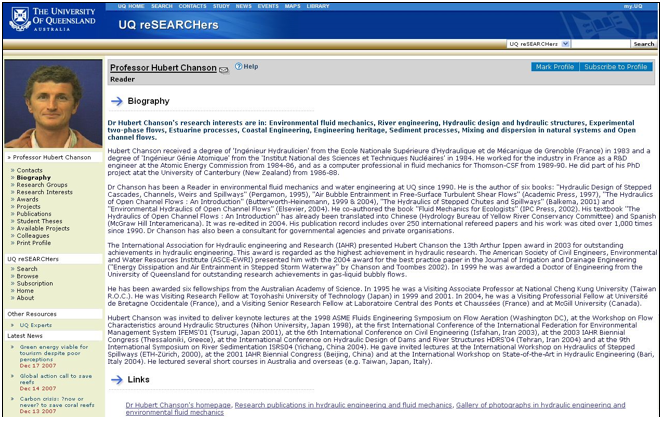 Screenshot of Hubert Chanson's UQ Researchers page