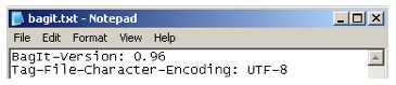 Partial view of a screen shot showing the contents of a bagit.txt file