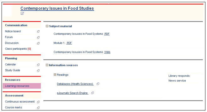 Image of the Materials and sources section of a classroom for the subject Contemporary Issues in Food Studies