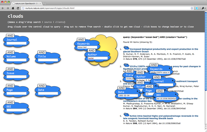  'Clouds' - a drag-and-drop search app using the nature.com OpenSearch JSON interface