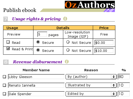 Screenshot of OzAuthors - Rights Interface web page