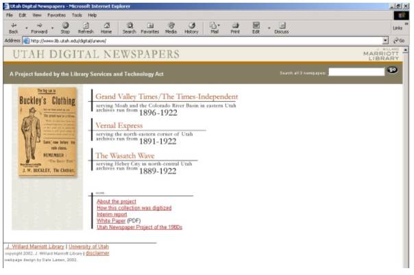 Screen shot of the home page for the Utah Digital Newspapers website