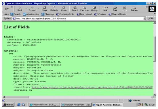 Screen shot illustrating interaction with the SciELO