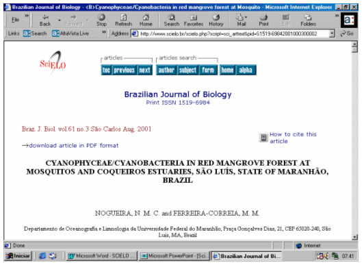 Screen shot illustrating interaction with the SciELO