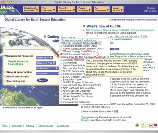 screem shot of DLESE Discovery System search page with CRS Annotated Collection selected