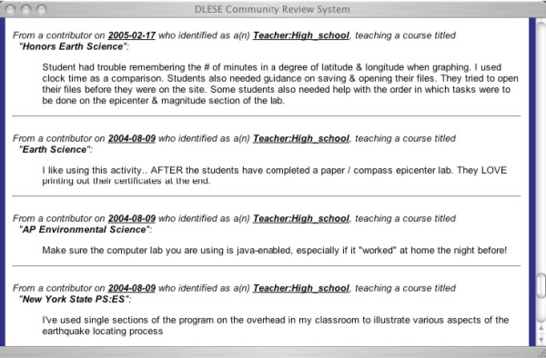 screen shot of the CRS Comments and Teaching Tips display page