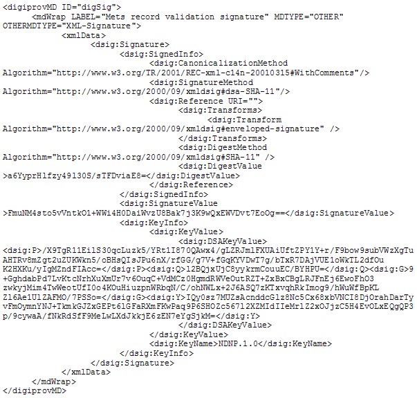 Sample encoding for a digital signature for a METS record