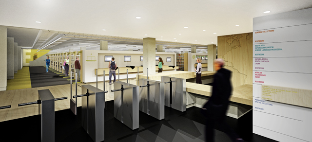 Projected view of refurbished SOAS Library reception area