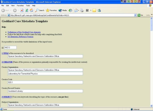 Screen shot showing the Goddard core metadata template