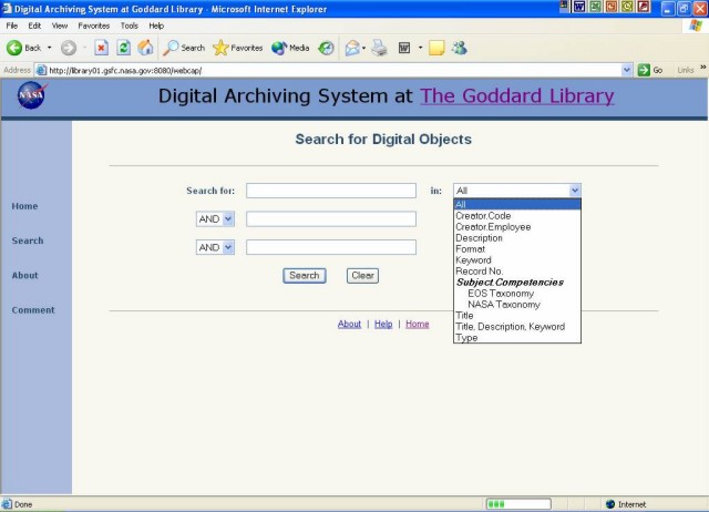 Screen shot of the search form used at GSFC