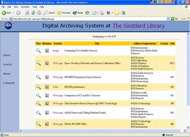 Screen shot of the search results page at GSFC