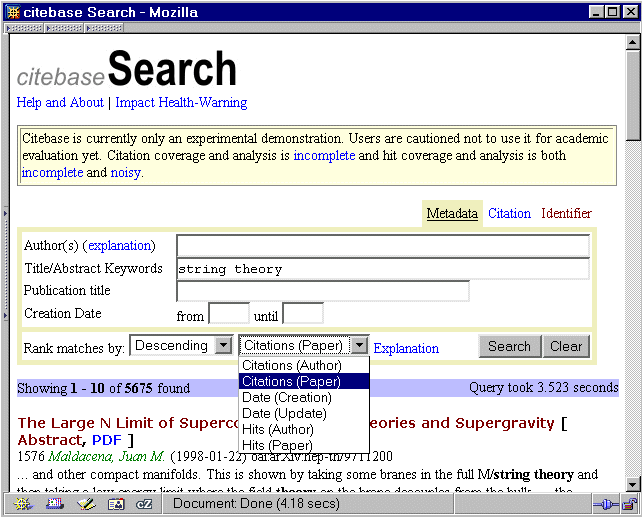 screen shot of Citebase search results