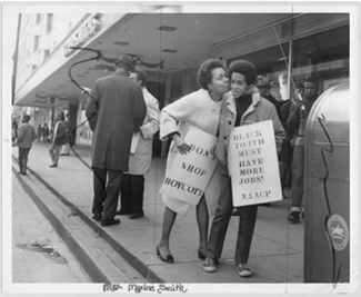 Photograph of Maxine A. Smith at downtown business boycott during the Civil Rights Movement.