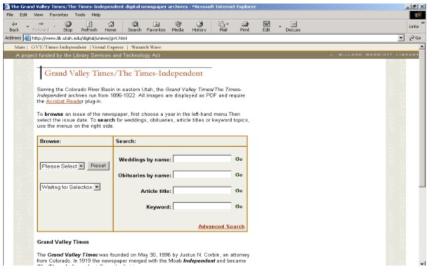 Screen shot of the browse and search screen