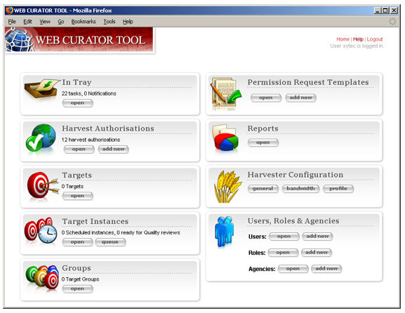 Screen shot showing the Web Curator Tool menu of options