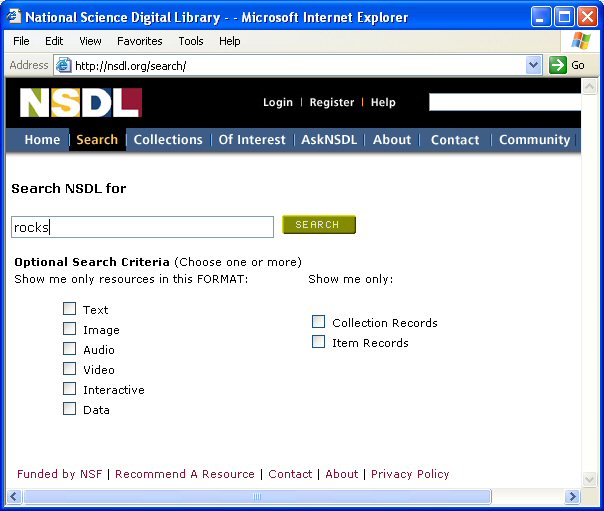 Screen shot showing an NSDL Search Request form